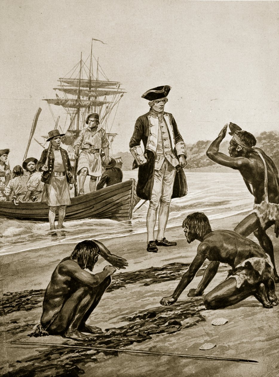 库克船长于1777年登陆塔斯马尼亚，插图来自&39;哈钦森的英国民族故事&39;，c.1923 作者 理查德·卡顿·伍德维尔初级