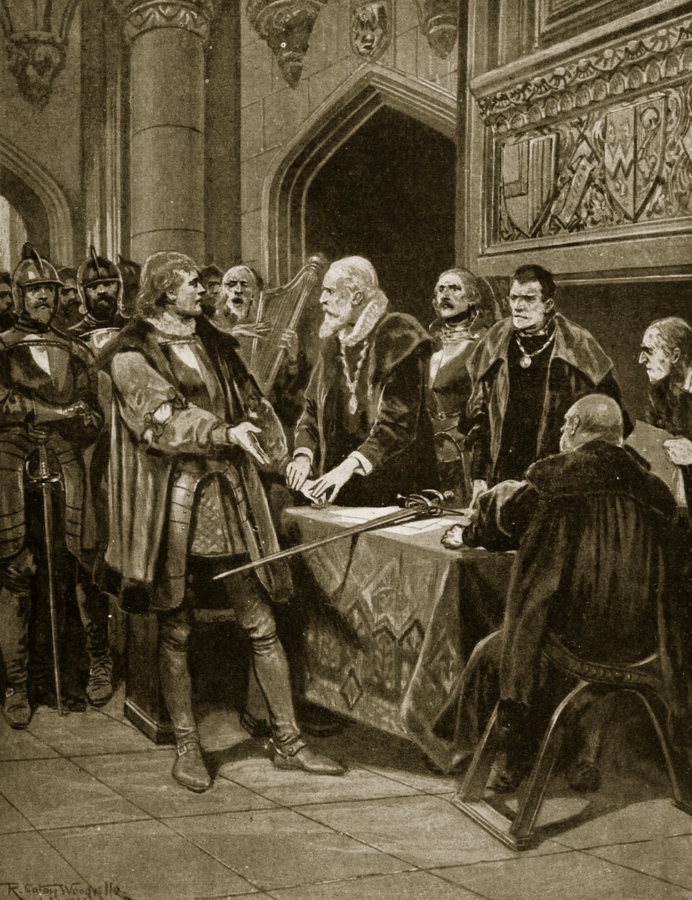 托马斯·菲茨杰拉德勋爵（Lord Thomas Fitzgerald）从“哈钦森的英国民族故事”（the Hutchinson&39;s the British Nation）中掏出他的剑，插图，c.1923 作者 理查德·卡顿·伍德维尔初级