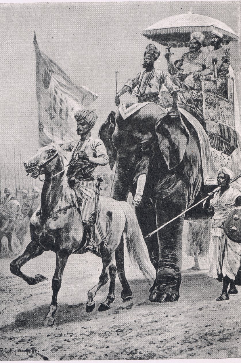 1757年6月23日在Plessey的Suraj-ud-Daula，1915年英国陆地和海上战役的插图 作者 理查德·卡顿·伍德维尔初级