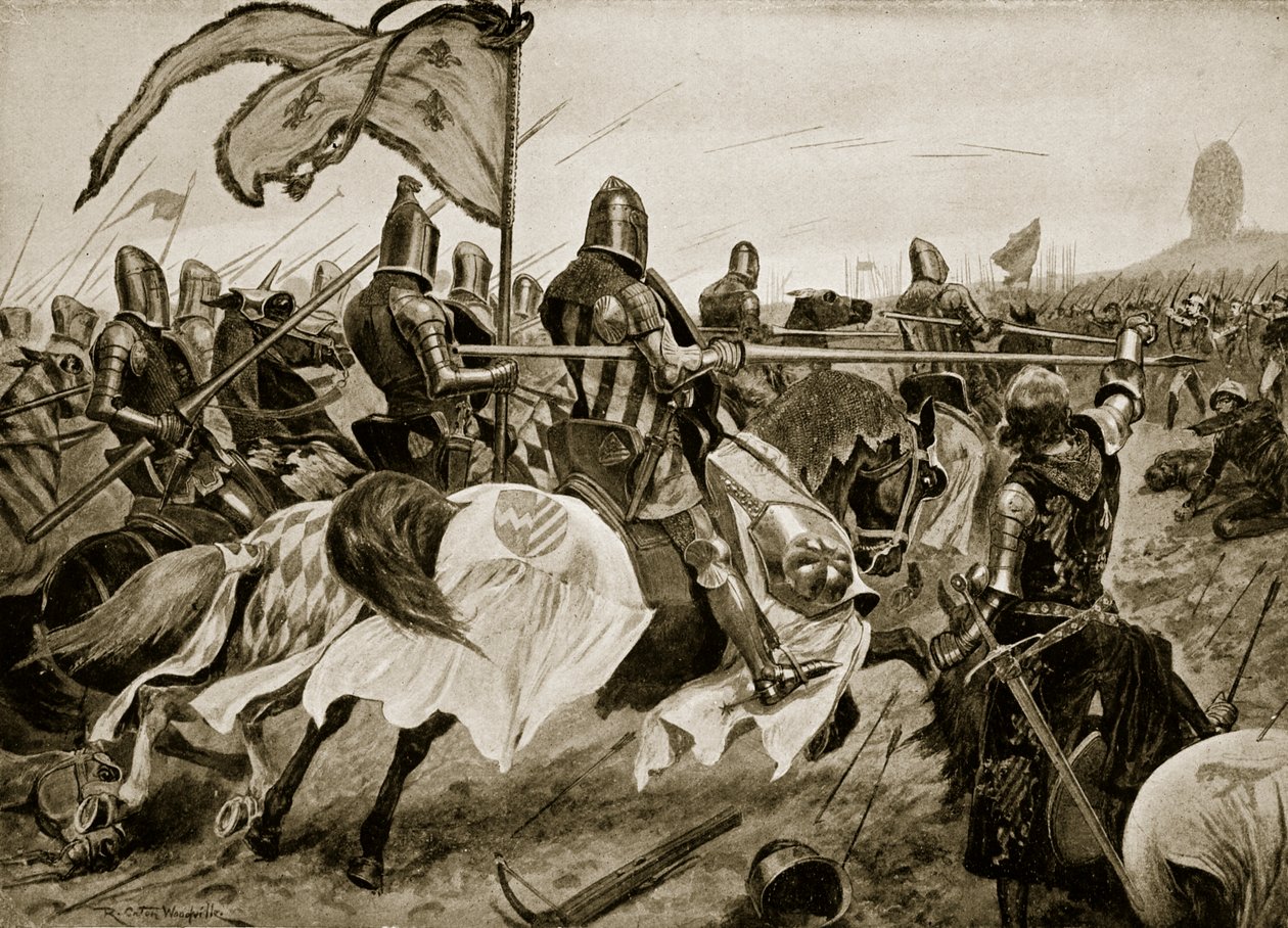 1346年8月26日的克雷西战役，来自&39;哈钦森的英国民族故事&39;的插图，c.1923 作者 理查德·卡顿·伍德维尔初级