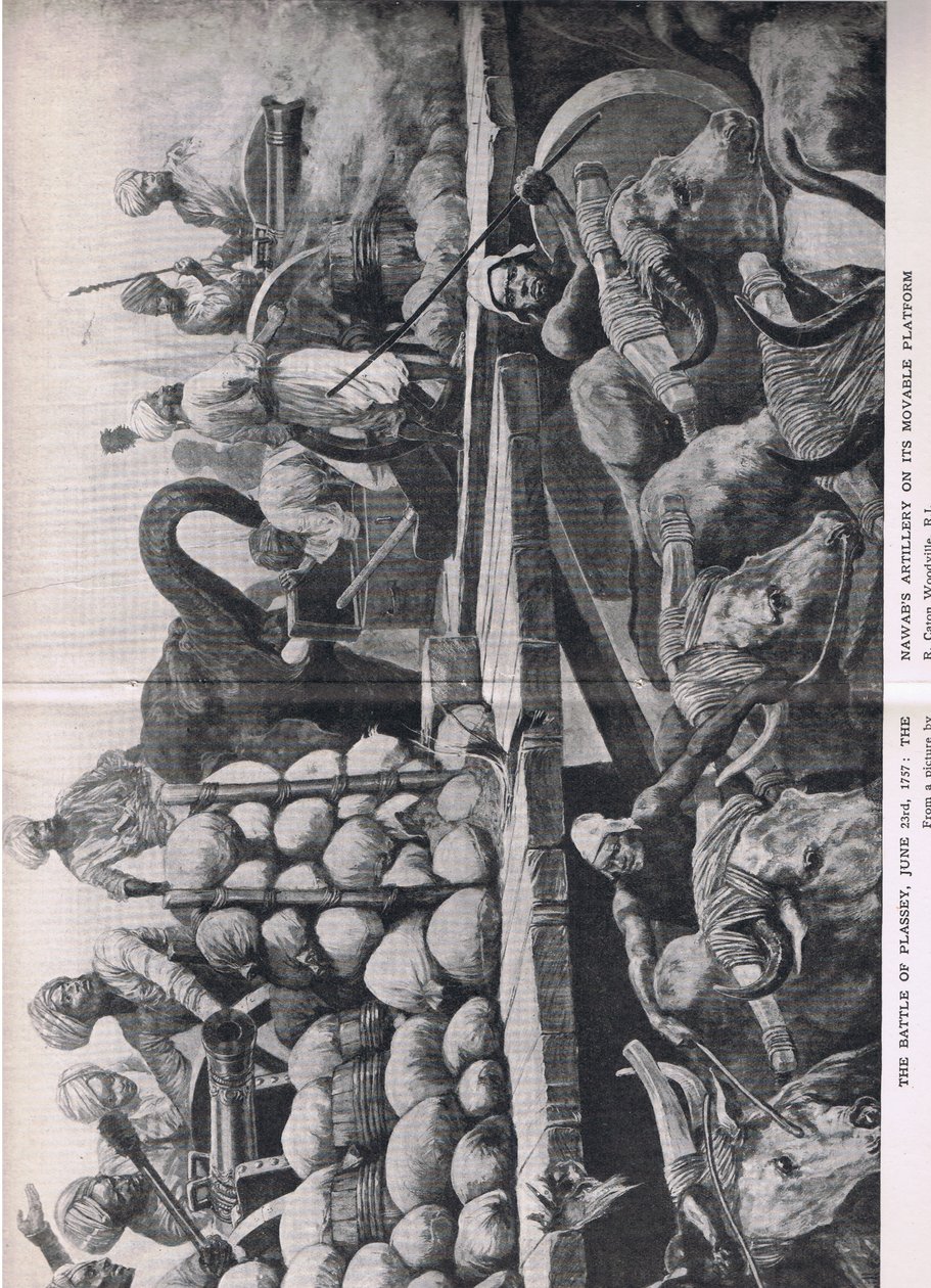 Plessey战役1757年6月23日：Nawabs炮兵在其可移动的平台上，1915年英国陆地和海上战役的插图 作者 理查德·卡顿·伍德维尔初级