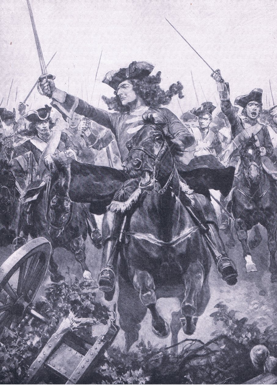 1708年7月11日，奥德纳德战役中的马尔伯勒公爵，英国陆地和海上战役的插图，1915年 作者 理查德·卡顿·伍德维尔初级