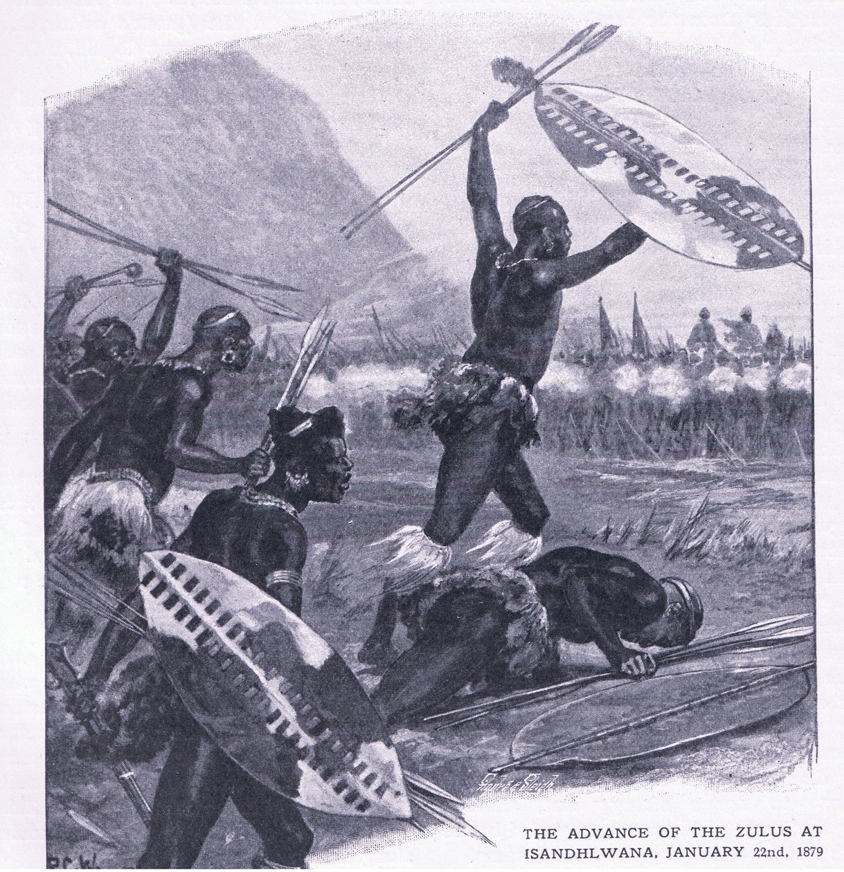 1879年1月22日在Isandhlwana的Zulus的前进，从陆地和海的英国战斗的例证，1915年 作者 理查德·卡顿·伍德维尔初级