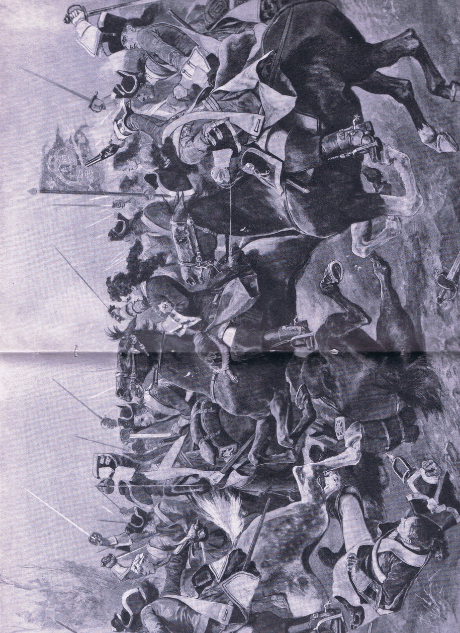 1706年5月3日，拉米勒斯战役中的骑兵冲突，英国陆地和海上战役的插图，1915年 作者 理查德·卡顿·伍德维尔初级