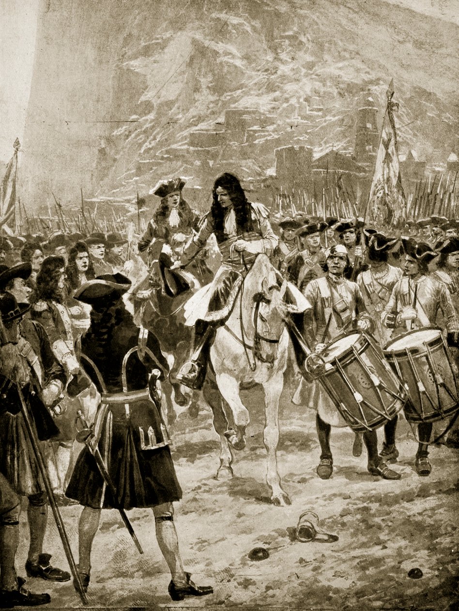 1704年7月24日，Gibralter向英国投降，插图来自“哈钦森的英国民族故事”，c.1923 作者 理查德·卡顿·伍德维尔初级