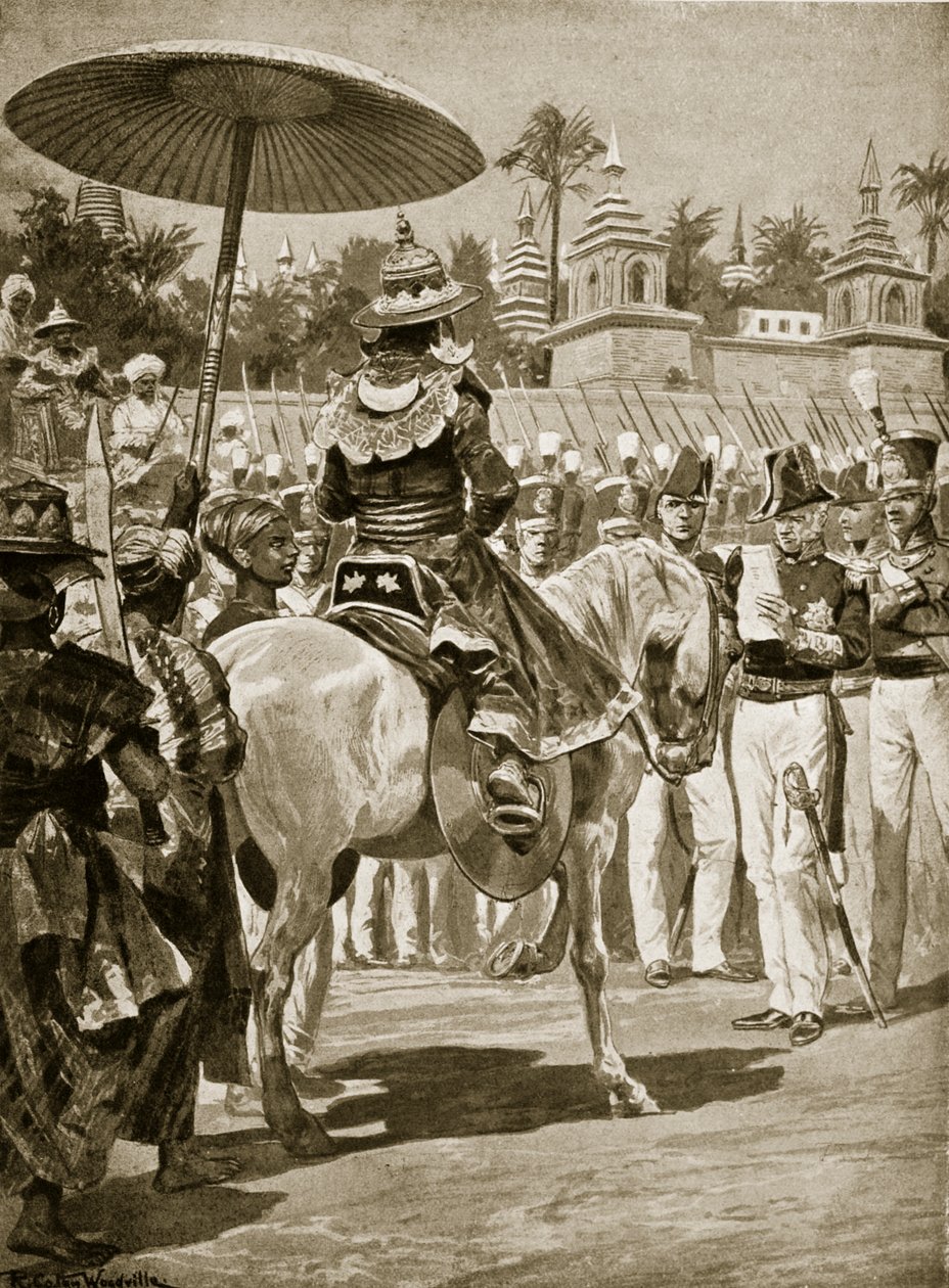 1824年仰光向英国投降，插图来自“哈钦森的英国民族故事”，c.1923 作者 理查德·卡顿·伍德维尔初级