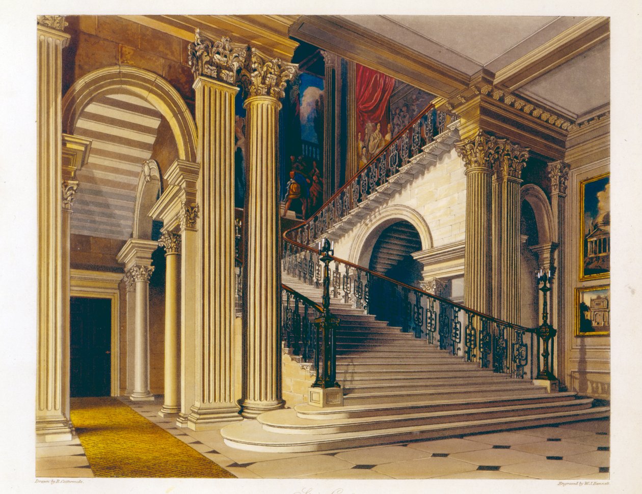Stair Case，白金汉宫，来自&39;皇家住宅的历史&39;，由William James Bennett（1787-1844）雕刻，William Henry Pyne（1769-1843），1819年 作者 理查德·卡特莫尔