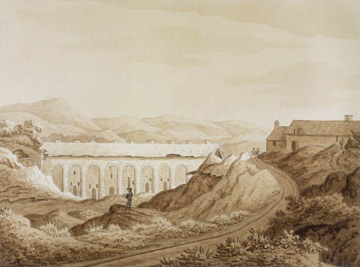 Blaenavon，来自William Coxe的“Monmouthshire的历史之旅”，于1801年出版（笔和棕色墨水和棕色水洗石墨纸上） 作者 