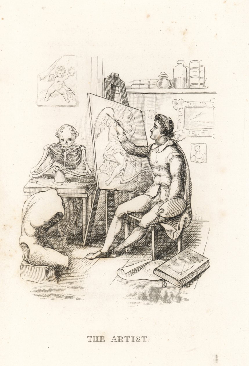 死亡与艺术家的骨架，1827 年（雕刻） 作者 理查德·达格利