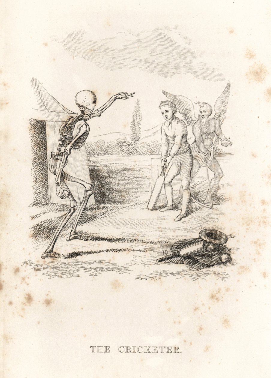 死神的骷髅向击球的板球运动员投球，1827 年（雕刻） 作者 理查德·达格利