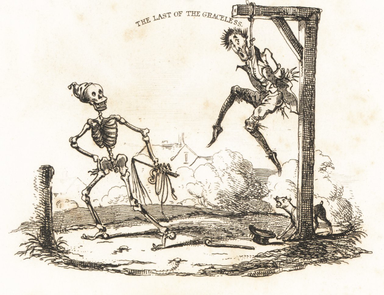 骷髅和挂在绞刑架上的男人的小插图，1827 年（雕刻） 作者 理查德·达格利
