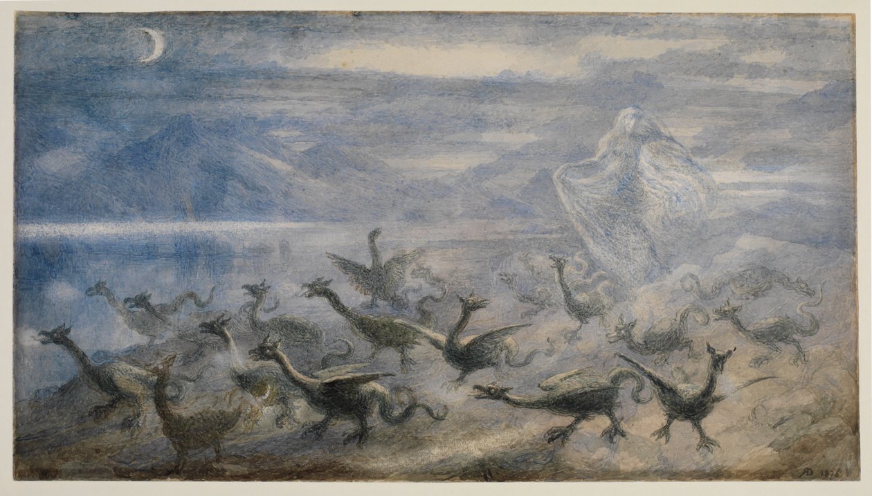 月光下的风景，有一个女巫和年轻的龙，1876年 作者 理查德·道尔