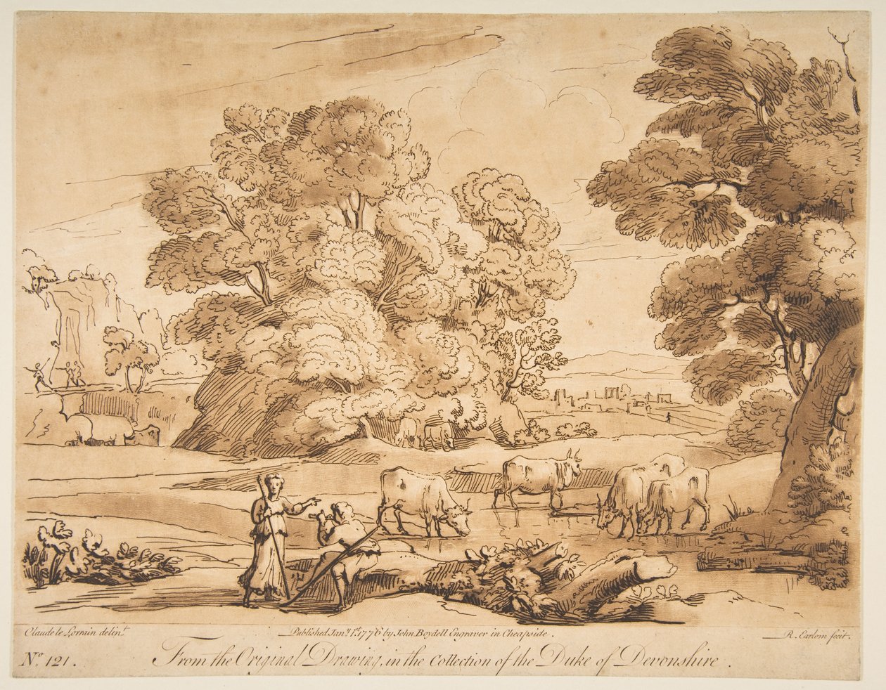 与牧羊人和牧羊女在一起的风景，1776年。 作者 理查德·厄洛姆（Richard Earlom）