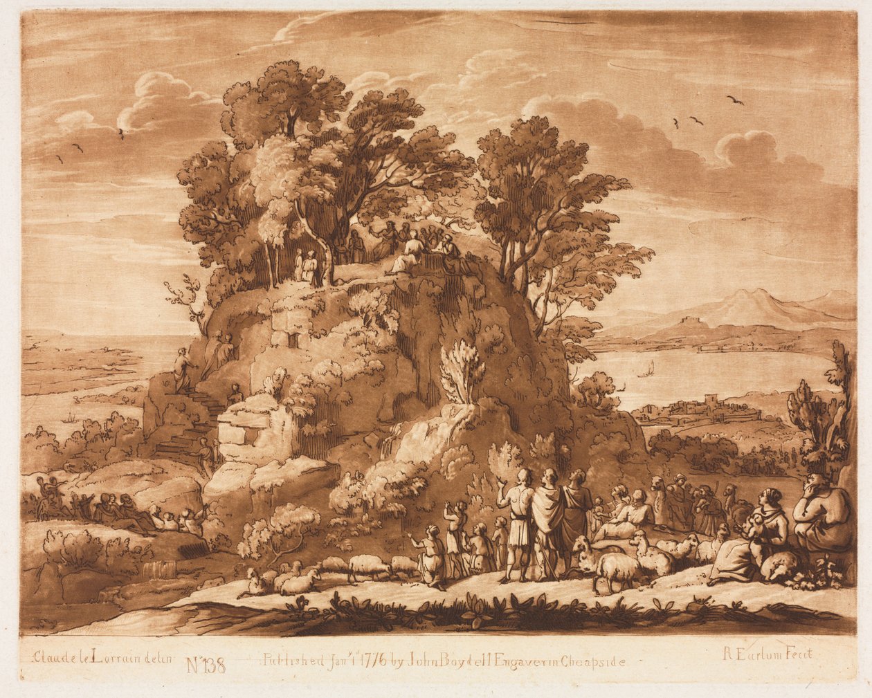 Liber Veritatis：第138号，海景，基督在山上宣讲……，1776年。 作者 理查德·厄洛姆（Richard Earlom）