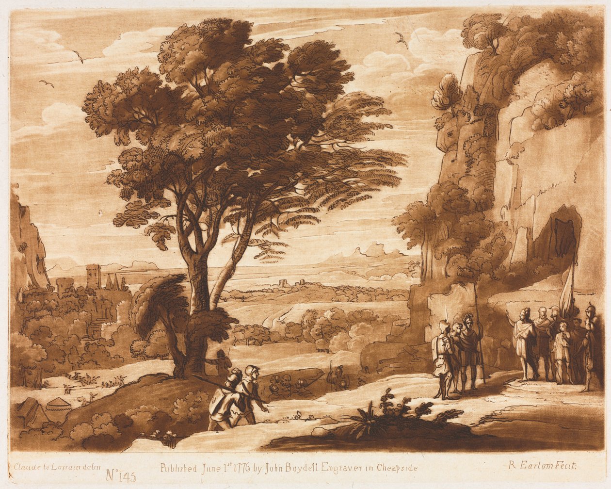 西蒙（Liber Veritatis）：《风景》第145号，人物，西蒙（Simon）在1776年向普里姆（Priam）提出。 作者 理查德·厄洛姆（Richard Earlom）