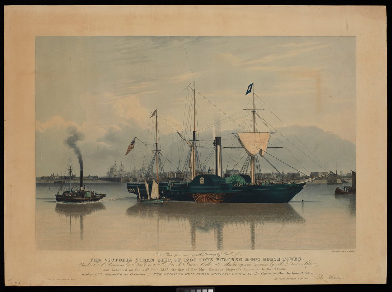 这幅版画取材于沃德的一幅原画，画的是 1837 年 6 月 20 日下水的维多利亚号蒸汽船，载重 1200 吨，动力 400 马力......（凹版，彩色，木板） 作者 理查德·里夫（Richard G. Reeve）