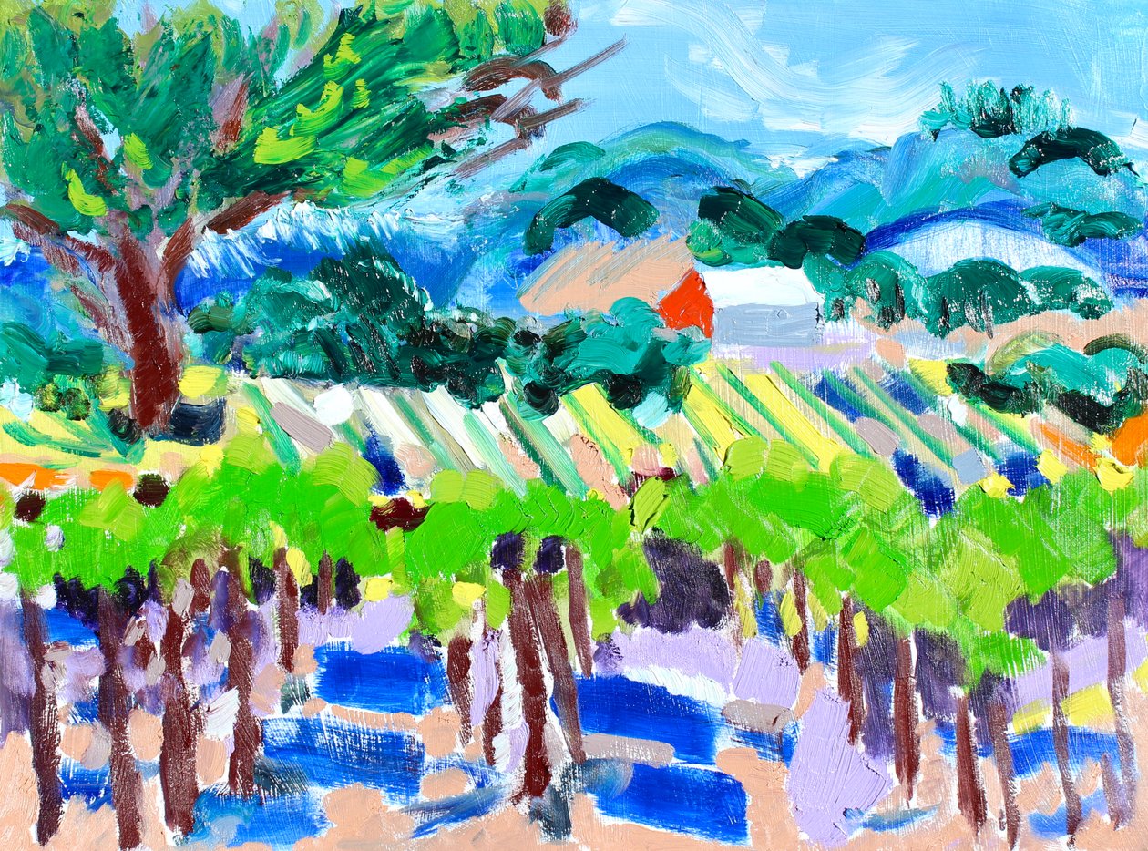 有红色谷仓的葡萄园，2021（纸上油画） 作者 理查德·H·福克斯