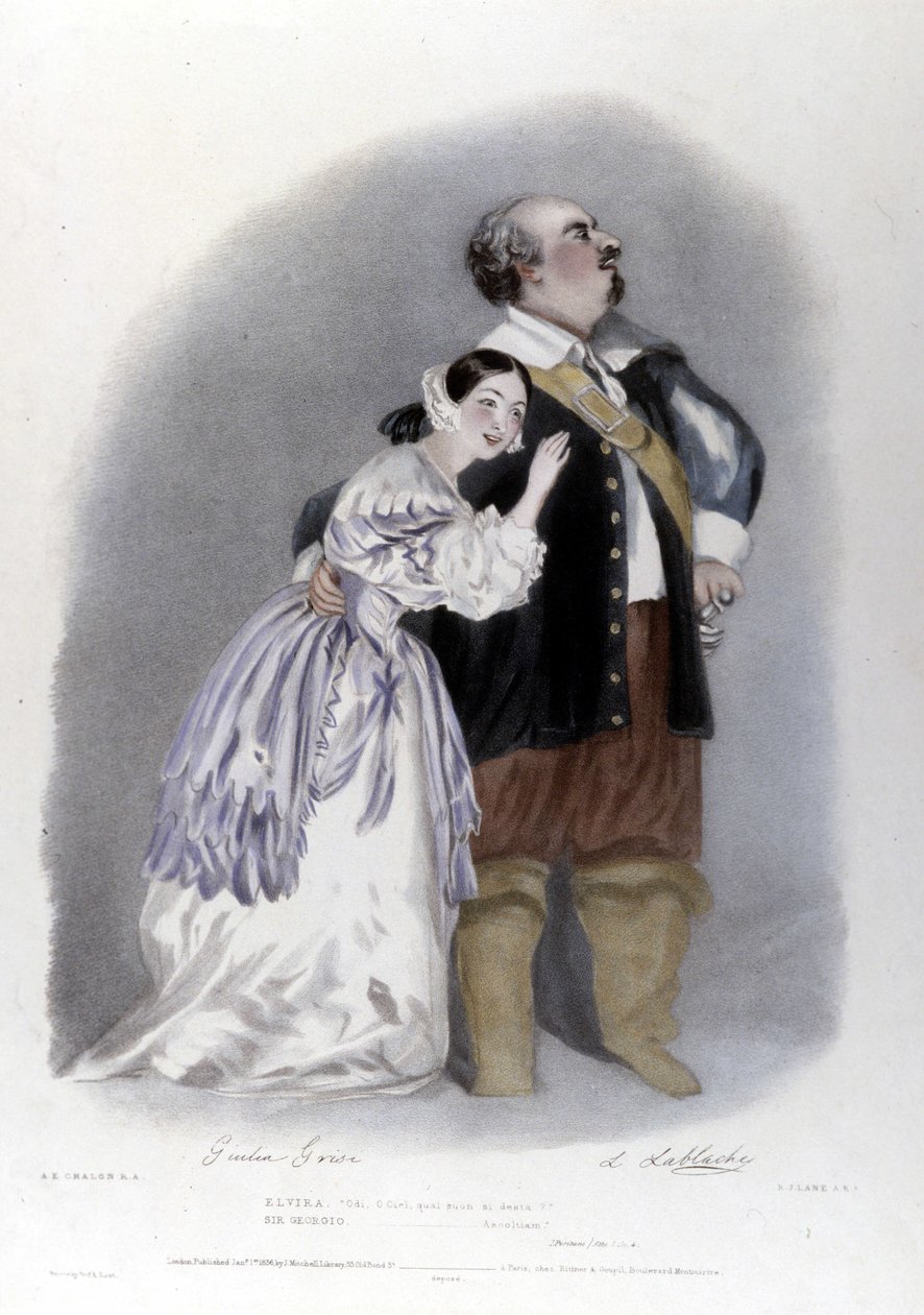 Giulia Grisi and Luigi Lablache in the 3rd act of “The Puritans” (I puiritani) by Vincenzo Bellini. Lithography by R. J. Lane. 1835 作者 理查德·詹姆斯·莱恩
