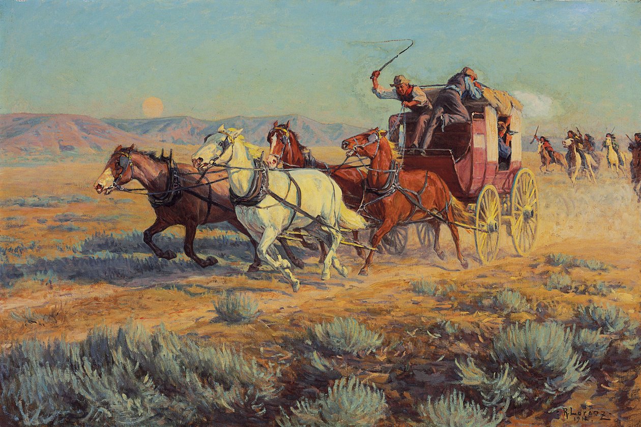 骑乘印第安人追逐的驿马车，1912年 作者 理查德·洛伦兹