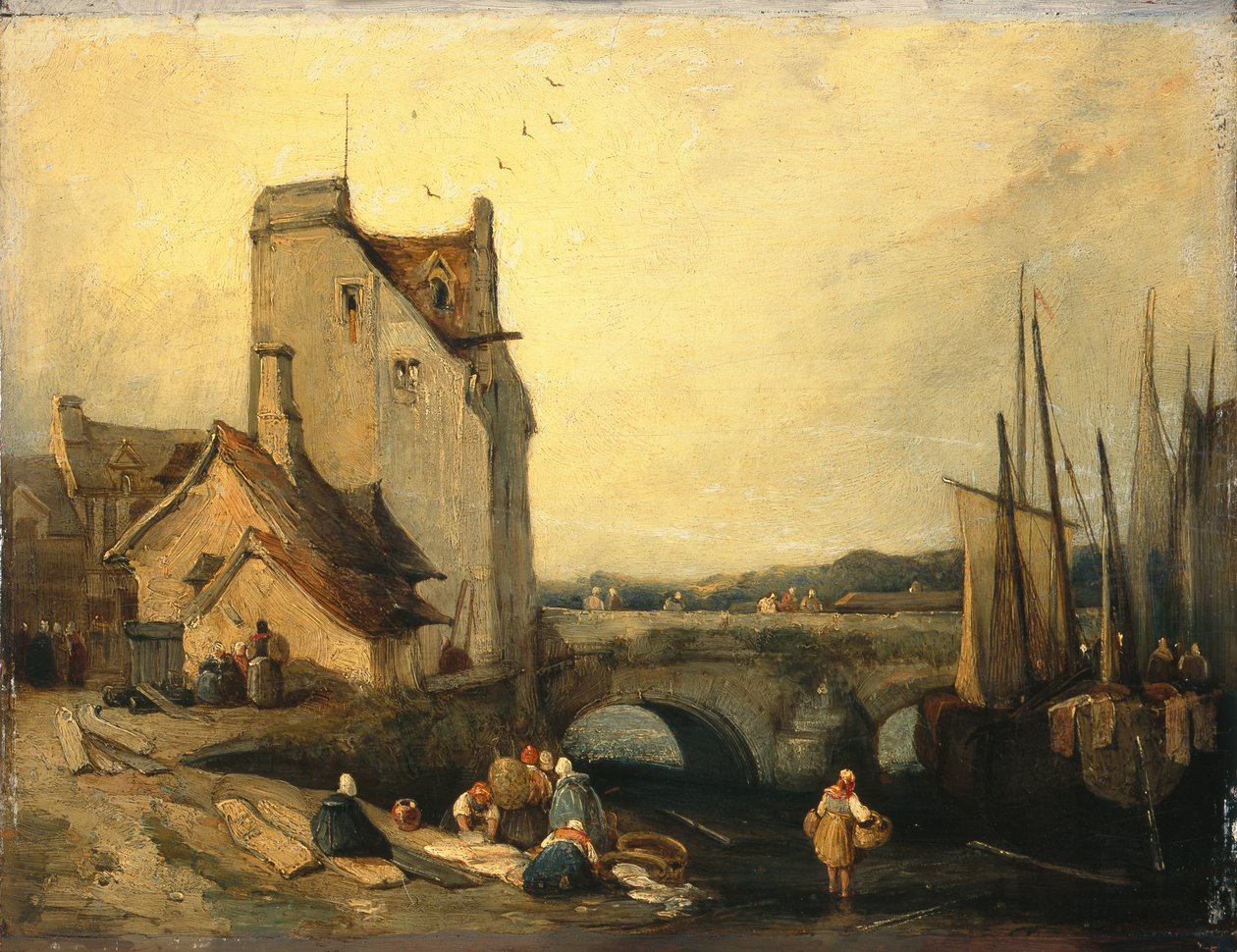 布列塔尼风景：小桥、小屋和洗衣妇（油画） 作者 Richard Parkes (attr. To) Bonington
