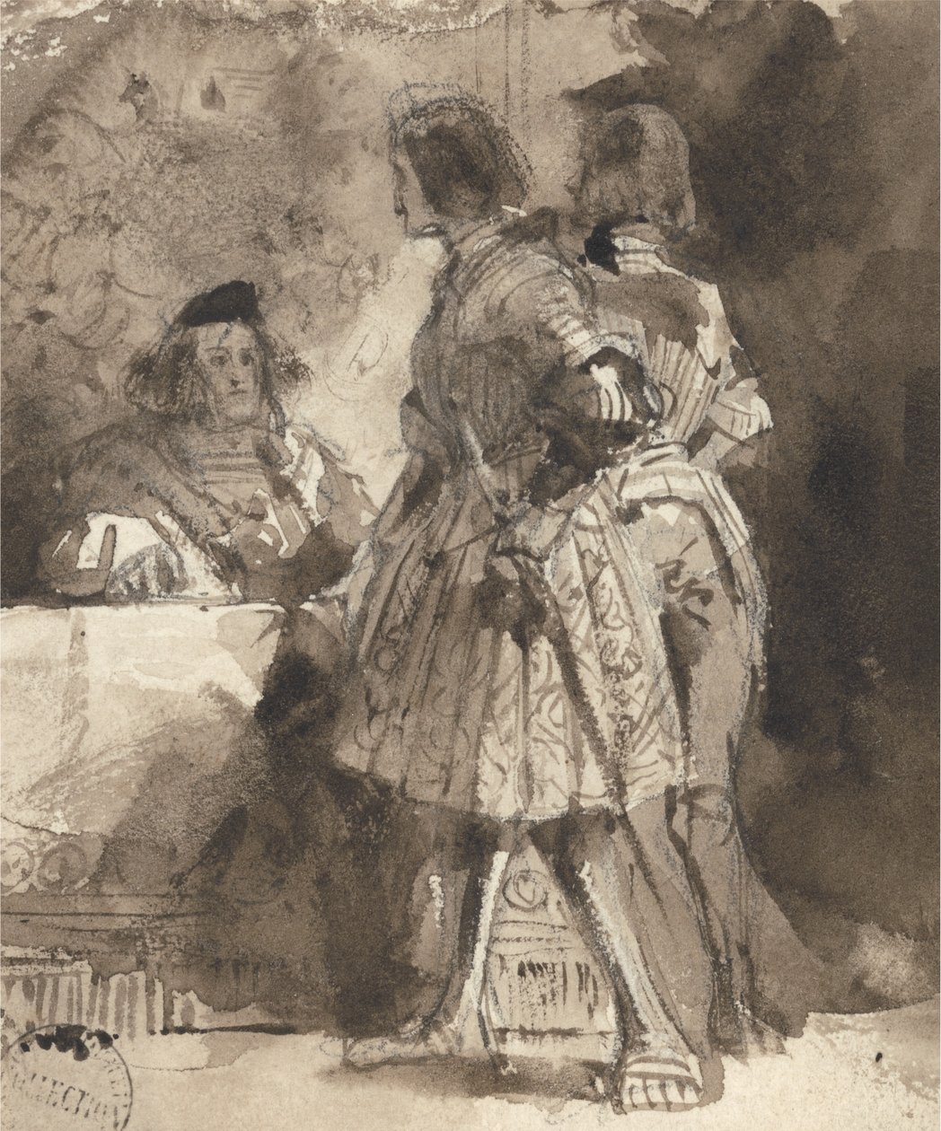 戈茨·冯·贝里欣根（Goetz von Berlichingen），约1826年在皇家地方法官之前（棕色墨水，用墨水在纸上的石墨上） 作者 理查德·帕克斯·博宁顿