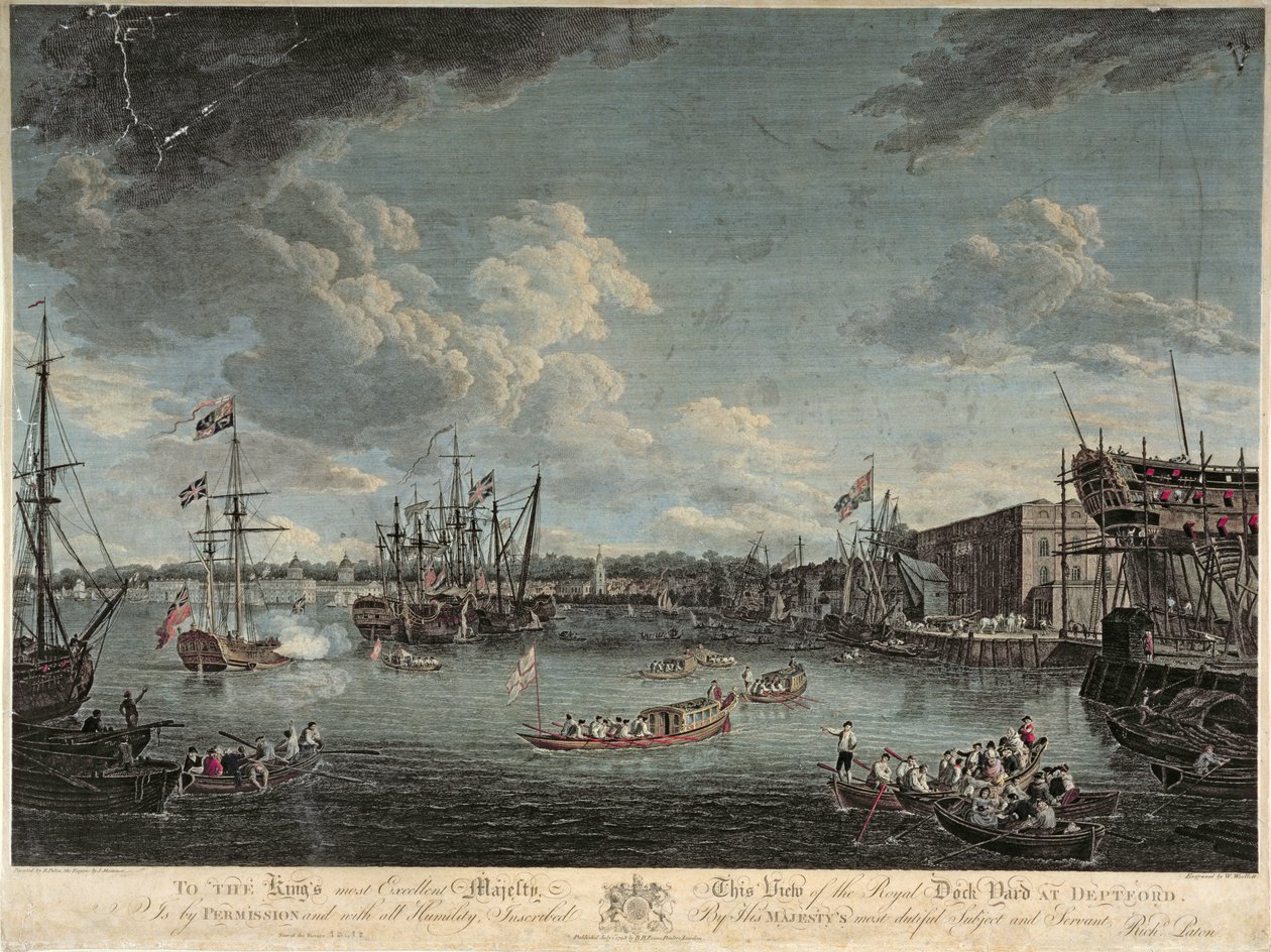 1793年7月1日出版的由威廉·伍利特（William Woollett）雕刻的德普特福德皇家码头（Royal Dock Yard）的视图（彩色蚀刻） 作者 理查德·佩顿