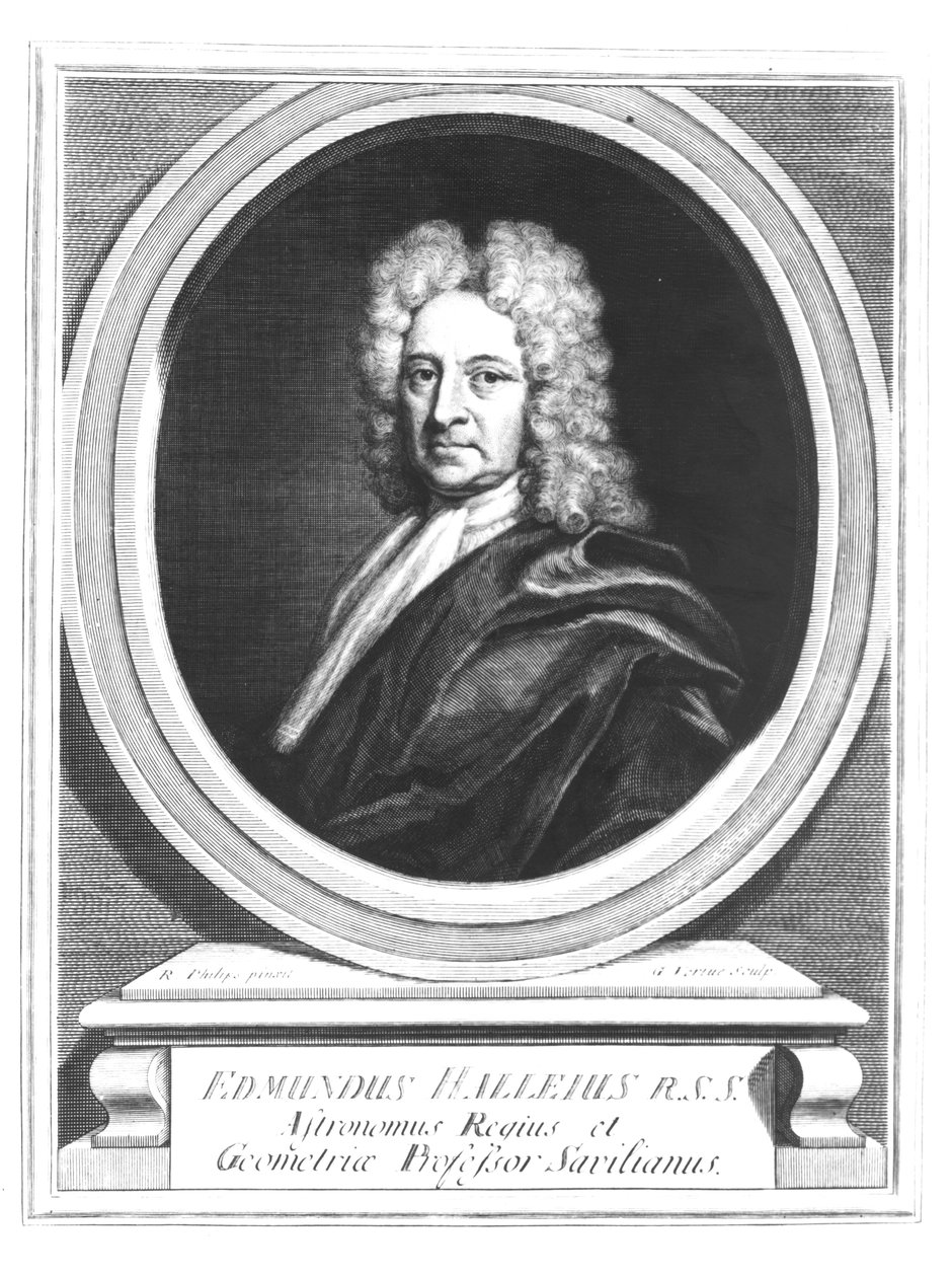 Edmond Halley（1656-1742）的肖像，由George Vertue（1684-1756）雕刻（bw照片） 作者 理查德·菲利普斯