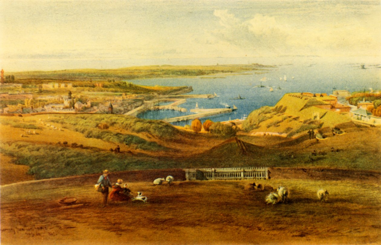 从乔治港看根西岛全景》，1850年，1946年。   作者 理查德·普里恩·利奇