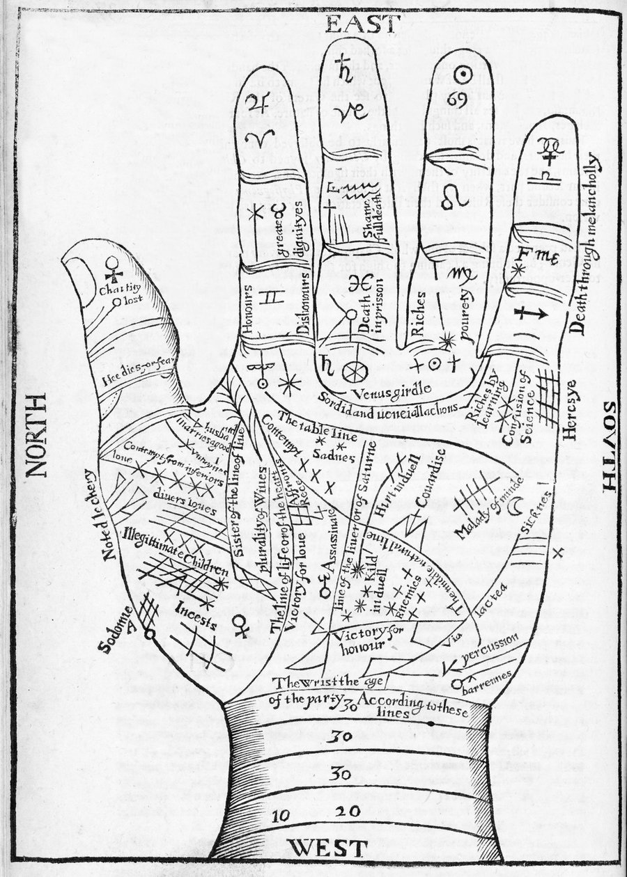Illustration of a Hand with Chiromantic Lines and Details from Saunders Physiognomie, pub. 1671 (engraving) 作者 理查德·桑德斯（Richard Saunders）