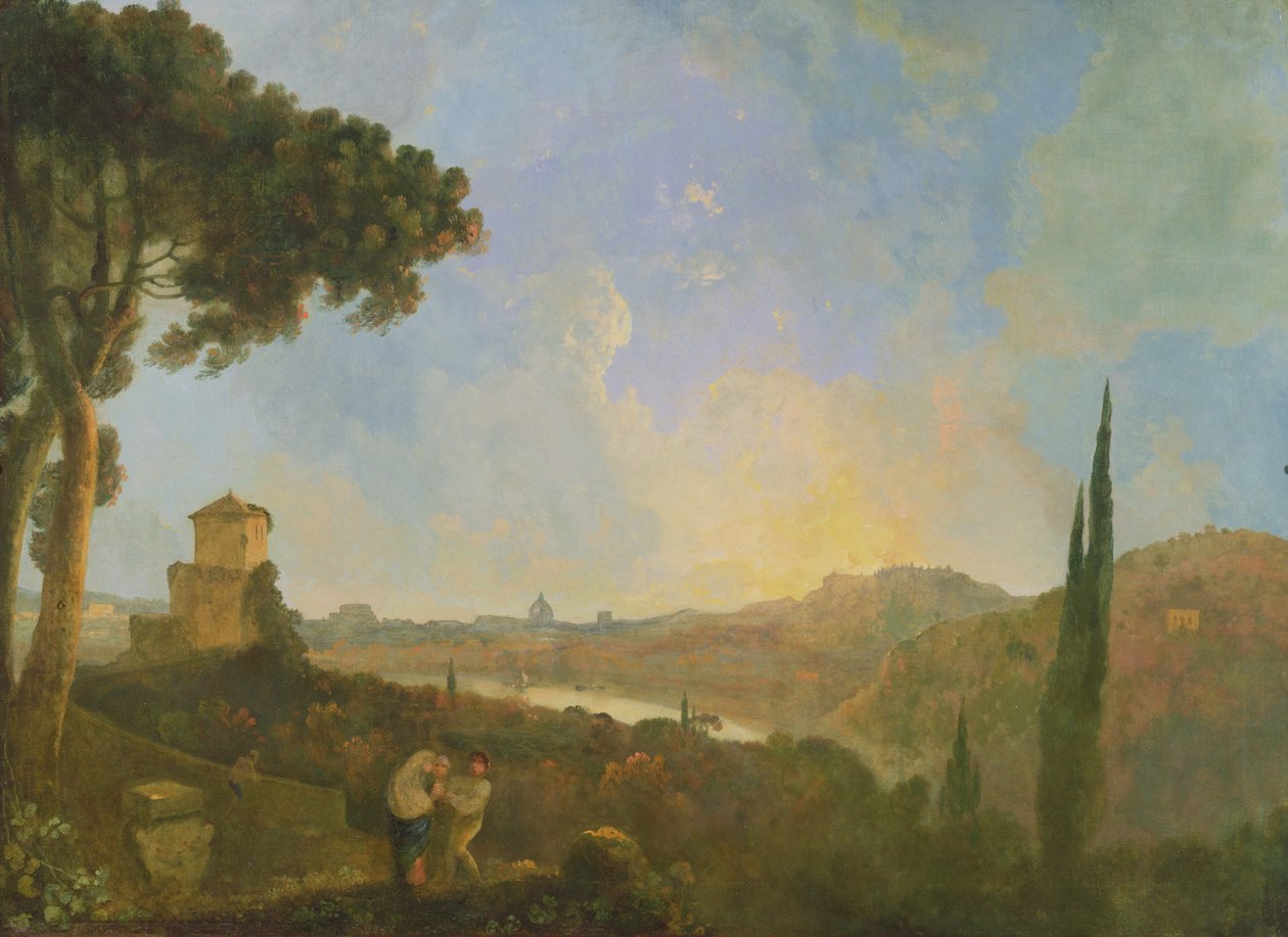 台伯河与远处罗马的景色，c.1770-80（布面油画） 作者 理查德·威尔逊
