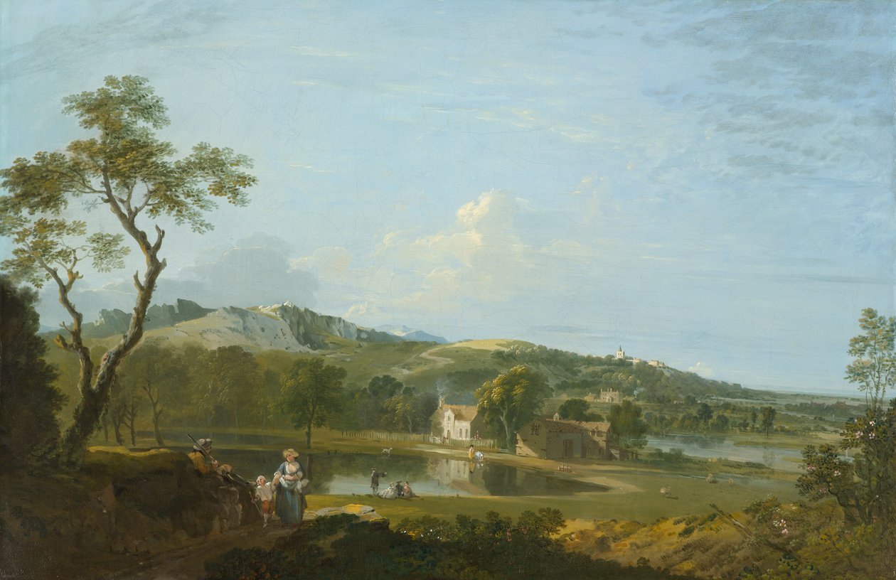 湖边小屋的广阔风景，约 1744-1745 年（布面油画） 作者 理查德·威尔逊