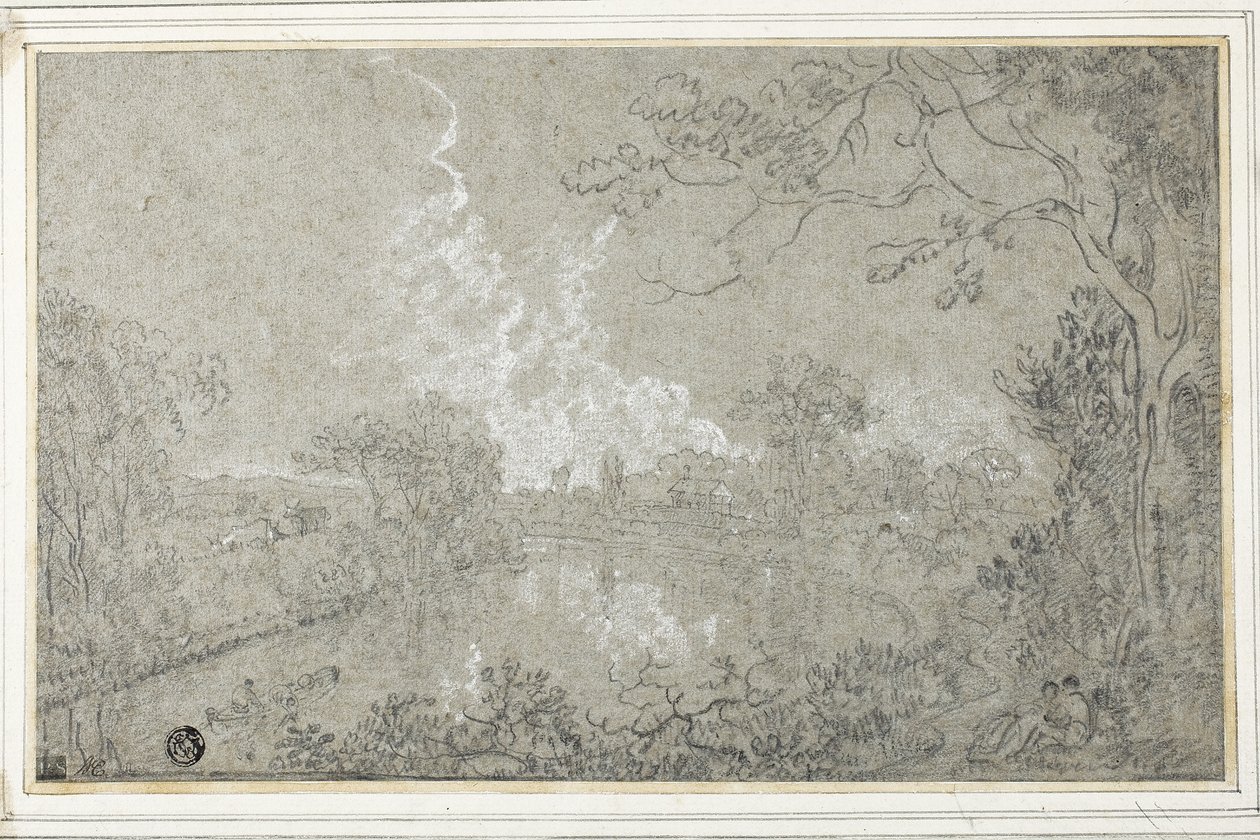 柴郡伊顿霍尔附近的迪河河岸，约 1759 年（蓝色纸上的黑白粉笔，放在卡片上） 作者 理查德·威尔逊