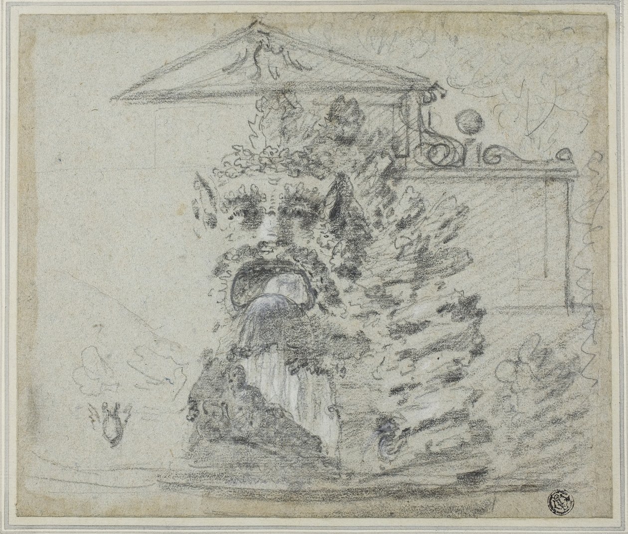 Il Mascherone，"博尔盖塞别墅地面上的罗卡尔喷泉，约 1754 年（黑色粉笔，用白色粉笔和石墨加高，蓝底纸，铺在卡片上） 作者 理查德·威尔逊