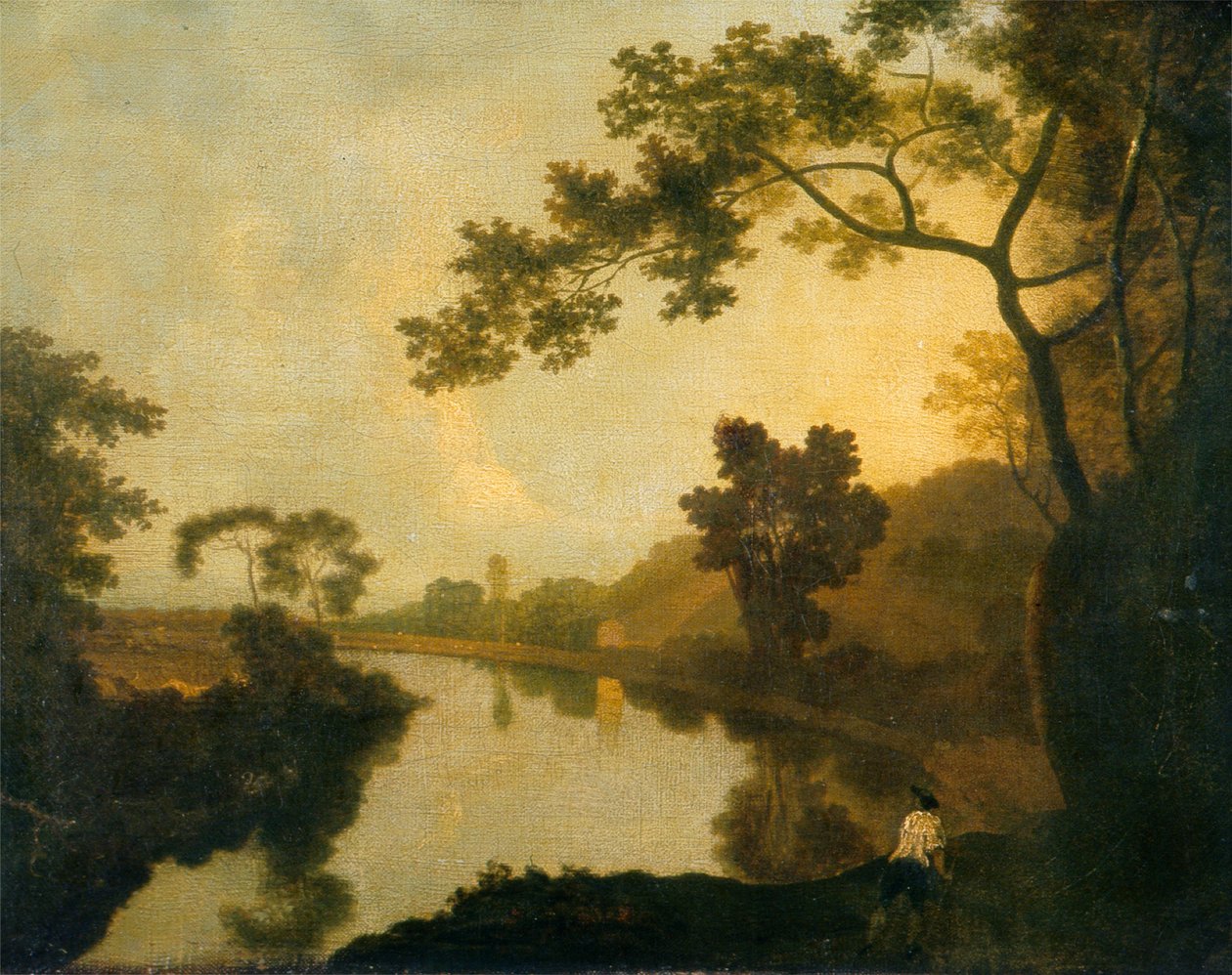 带岸边人物的河景，约 1760 年（布面油画） 作者 理查德·威尔逊