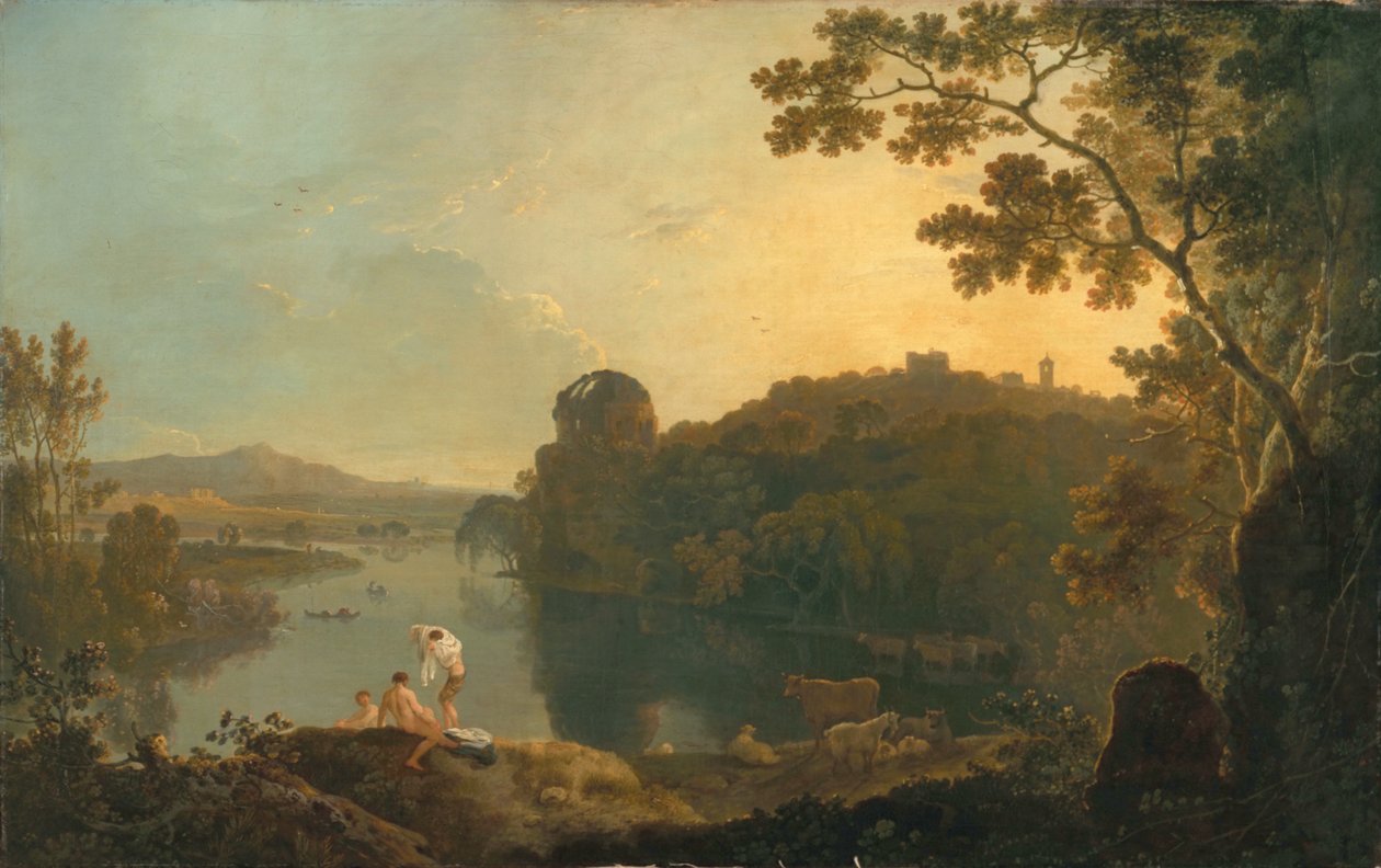 河流场景：沐浴者和牛，c.1763-65（布面油画） 作者 理查德·威尔逊