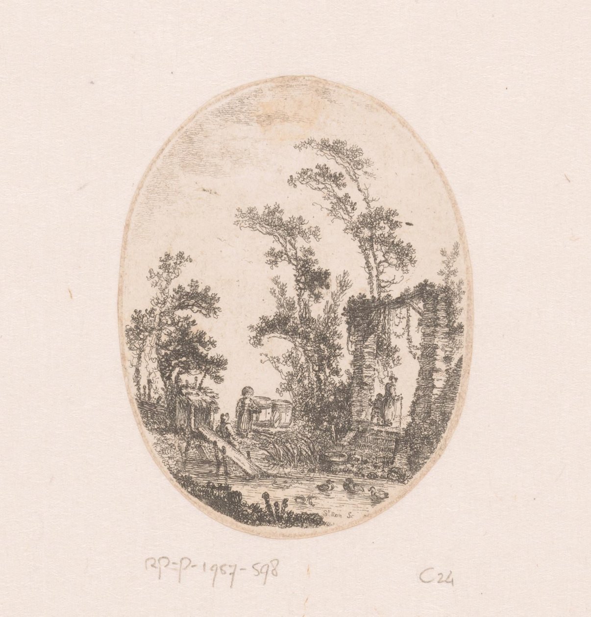 鸭子池塘和周围的一些树木
景观、风景、古董碎片和历史题材作品集（系列名称）
Recueil de griffonis, de vues, paysages, fragments antiques et sujets historiques（系列名称） 作者 理查德·德·圣农