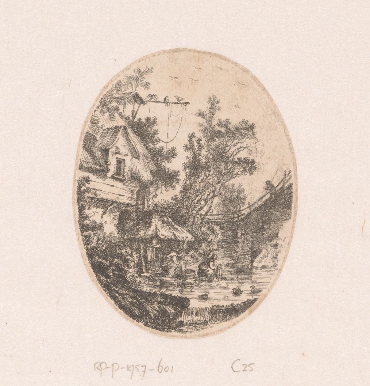 Gezicht op een rivier waarin vrouwen de was doen Verzameling van uitzichten, landschappen, antieke fragmenten en historische onderwerpen (series title) Recueil de griffonis, de vues, paysages, fragments antiques et sujets historiques (series title) 作者 理查德·德·圣农