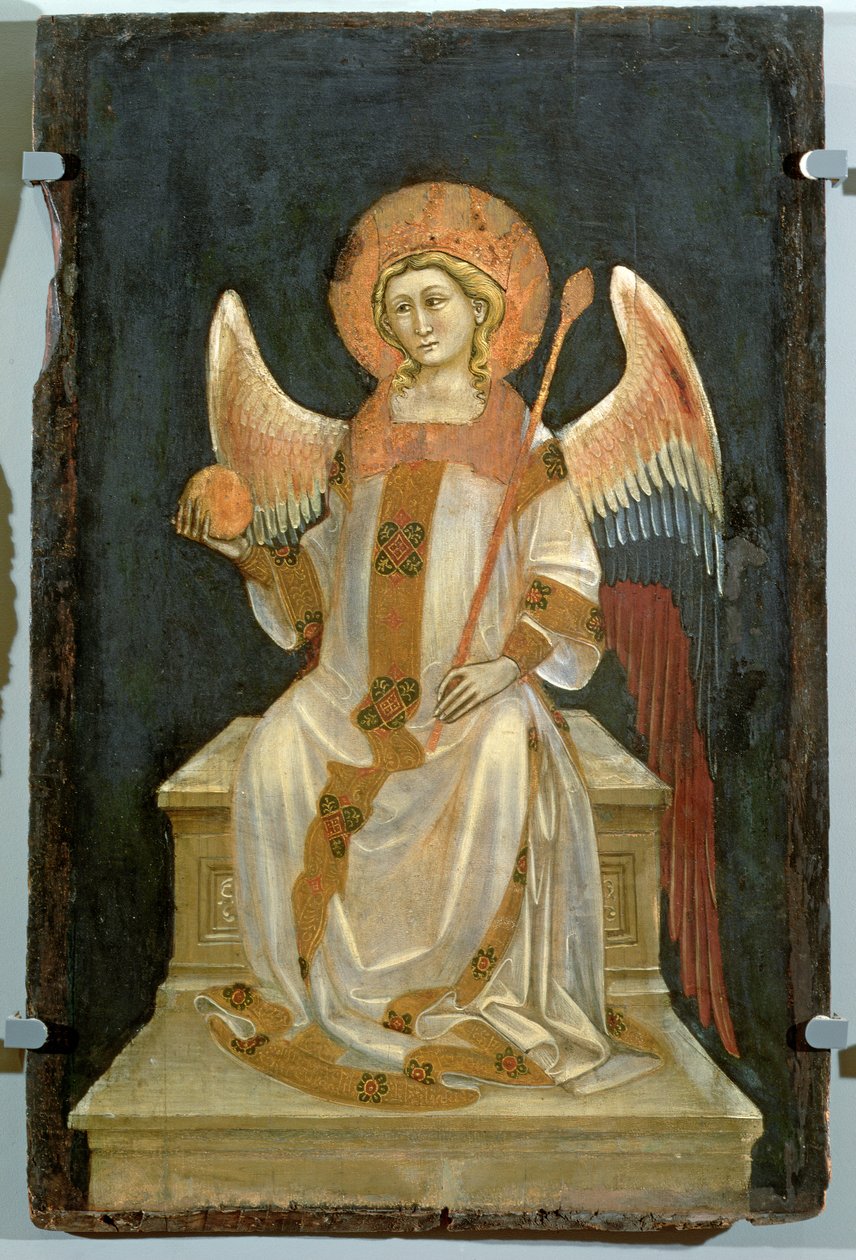 天使坐在宝座上，一方面是宝珠，另一方面是权杖，c.1348-54 作者 Ridolfo di Arpo Guariento
