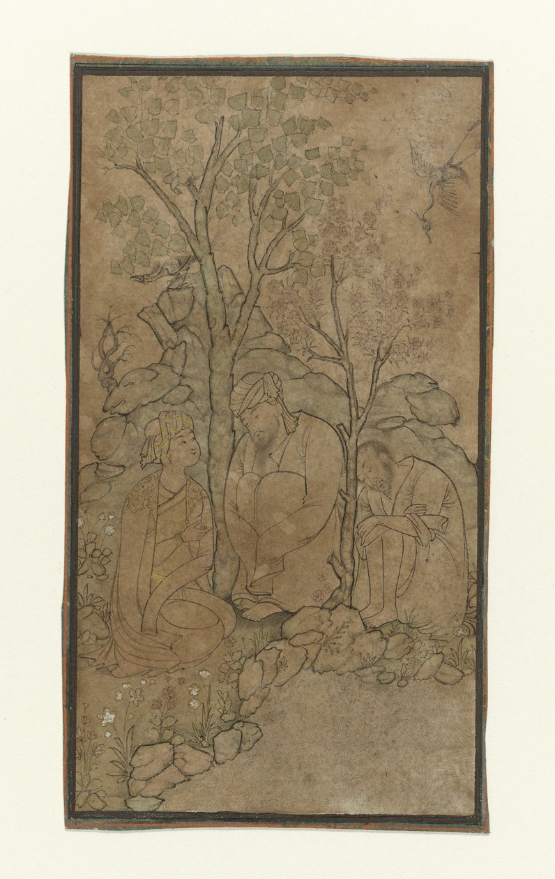 两位老人和一位青年坐在海边的树下 作者 Riza i' Abbasi (可能)