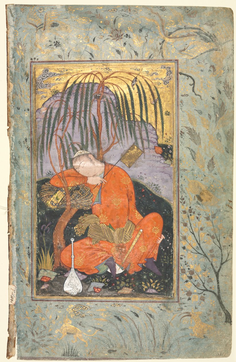 《沉睡的青年》，单页插图，1600年代初期。 作者 里扎·伊·阿巴斯（Riza yi Abbasi）