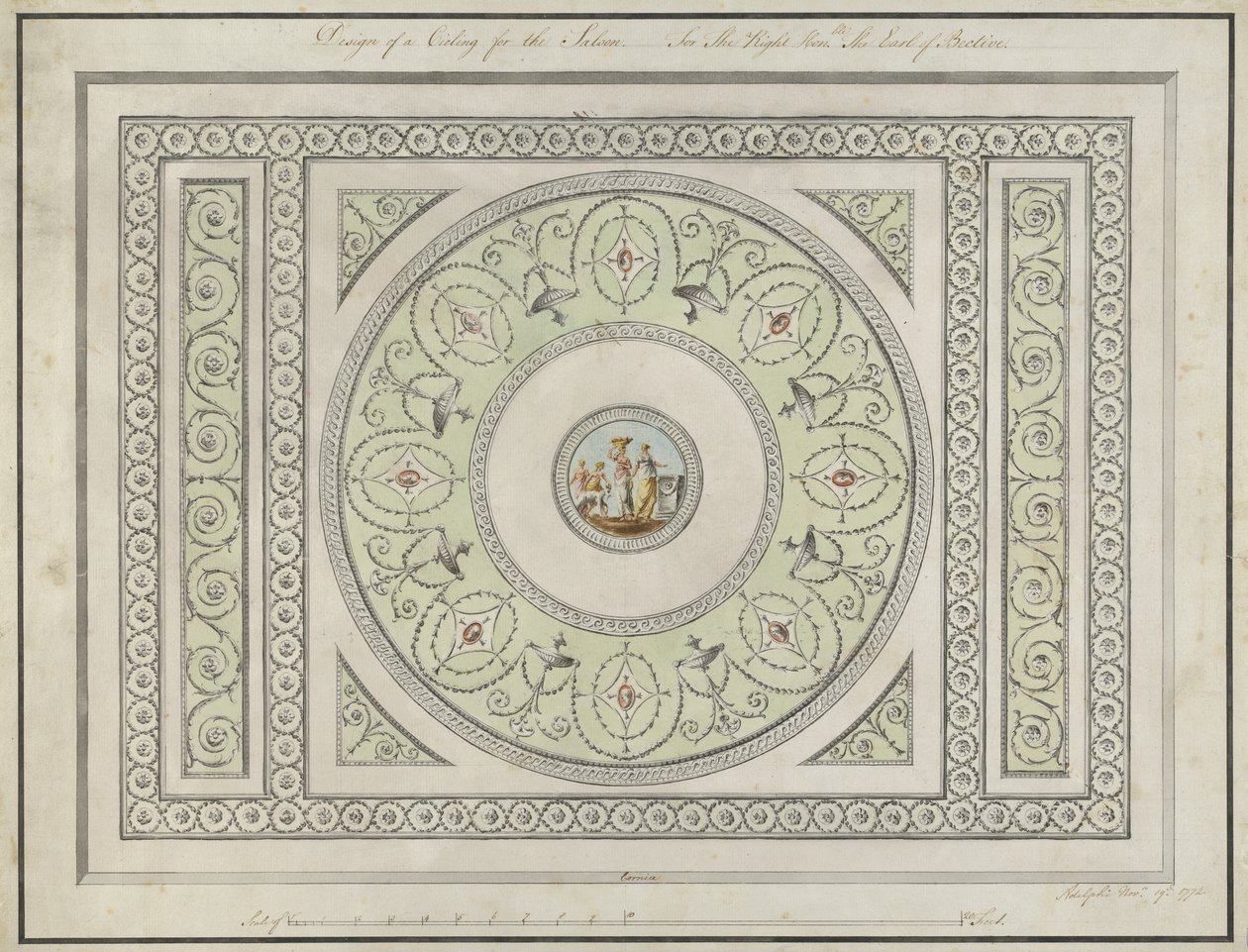 沙龙的天花板设计，Headfort House，1772年（笔，黑色和棕色墨水和纸张上的wc） 作者 罗伯特·亚当