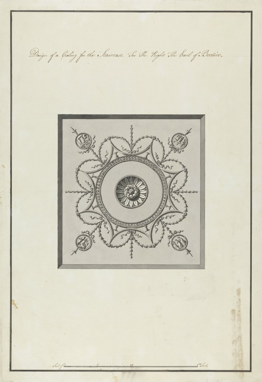 楼梯天花板设计，Headfort House，1771-75（笔和黑色墨水，纸上有灰色和黑色水洗） 作者 罗伯特·亚当