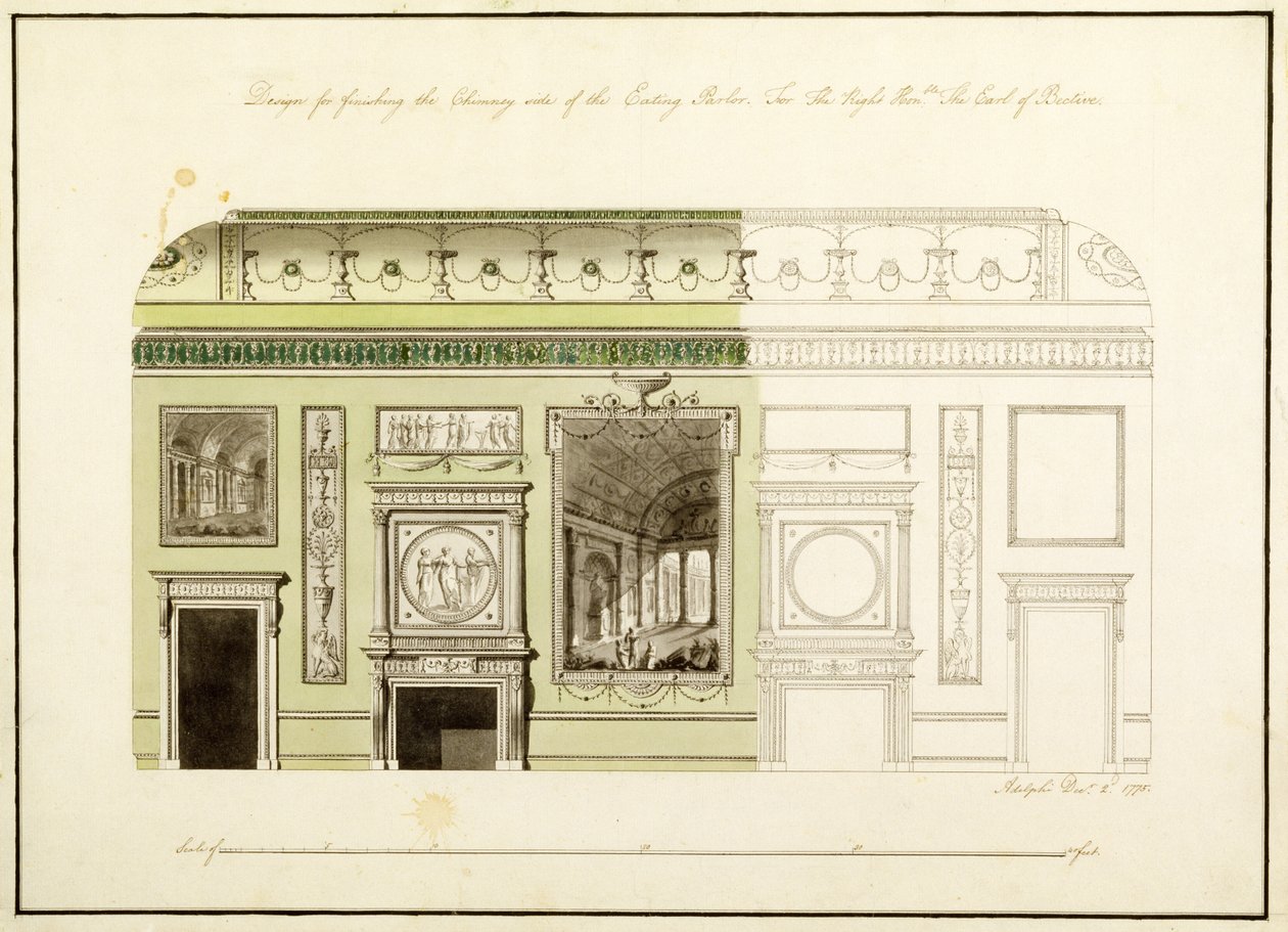 Headfort House，Eat Parlour，Chimney Piece，1775（wc，笔和墨水在纸上） 作者 罗伯特·亚当