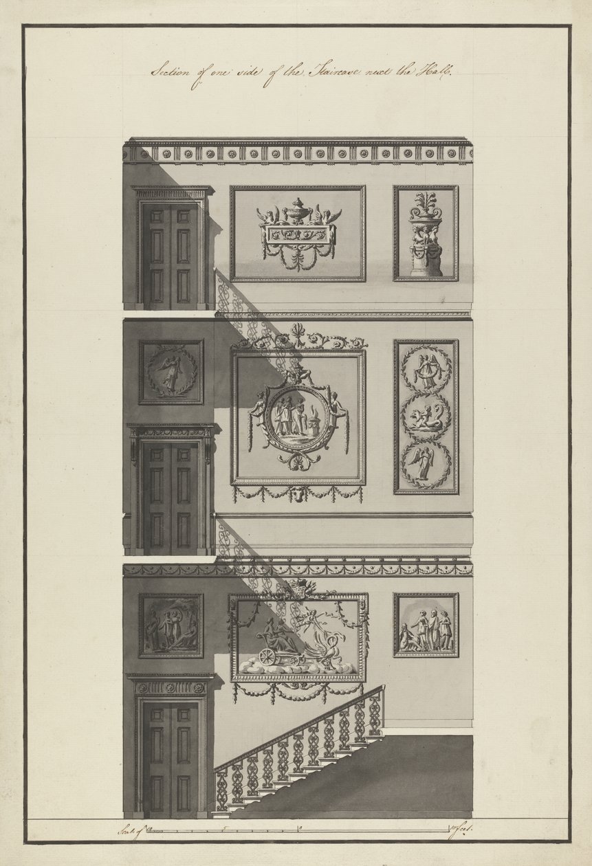 Headfort House。 Staricase，侧面部分，1775年（笔和墨水在纸上洗） 作者 罗伯特·亚当
