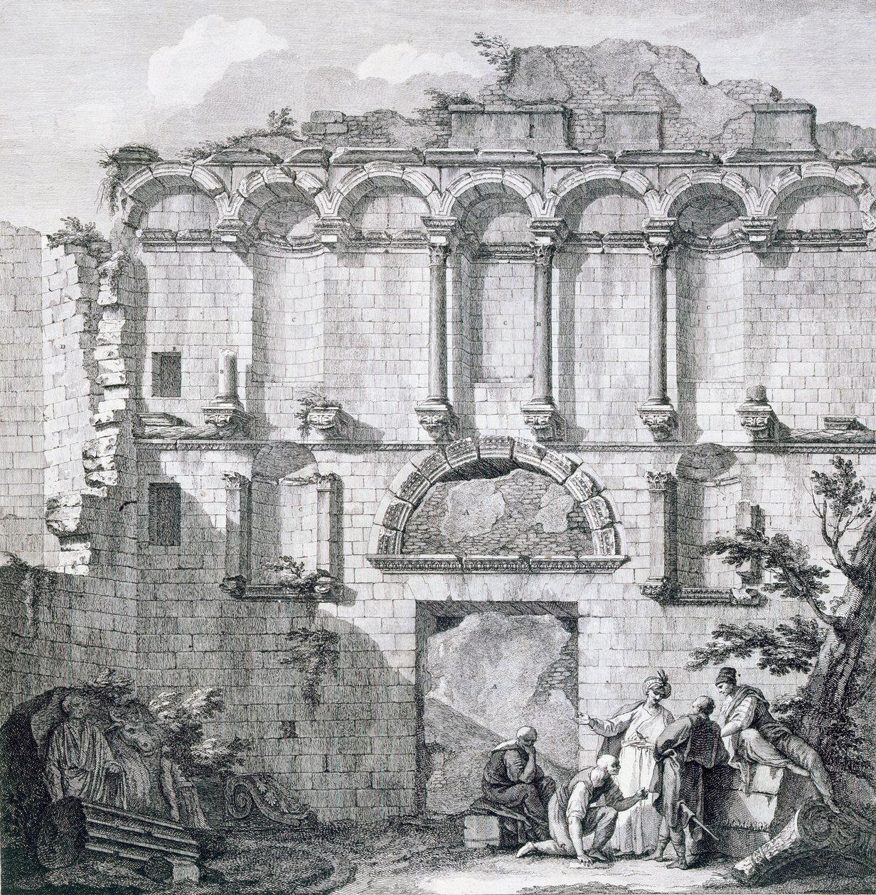 The Porta Aurea，来自“达尔马提亚Spalatro皇帝戴克里先宫遗址”，于1764年出版99：古典;罗马;古罗马;分裂;克罗地亚;克罗地亚;建筑; exterio 作者 罗伯特·亚当