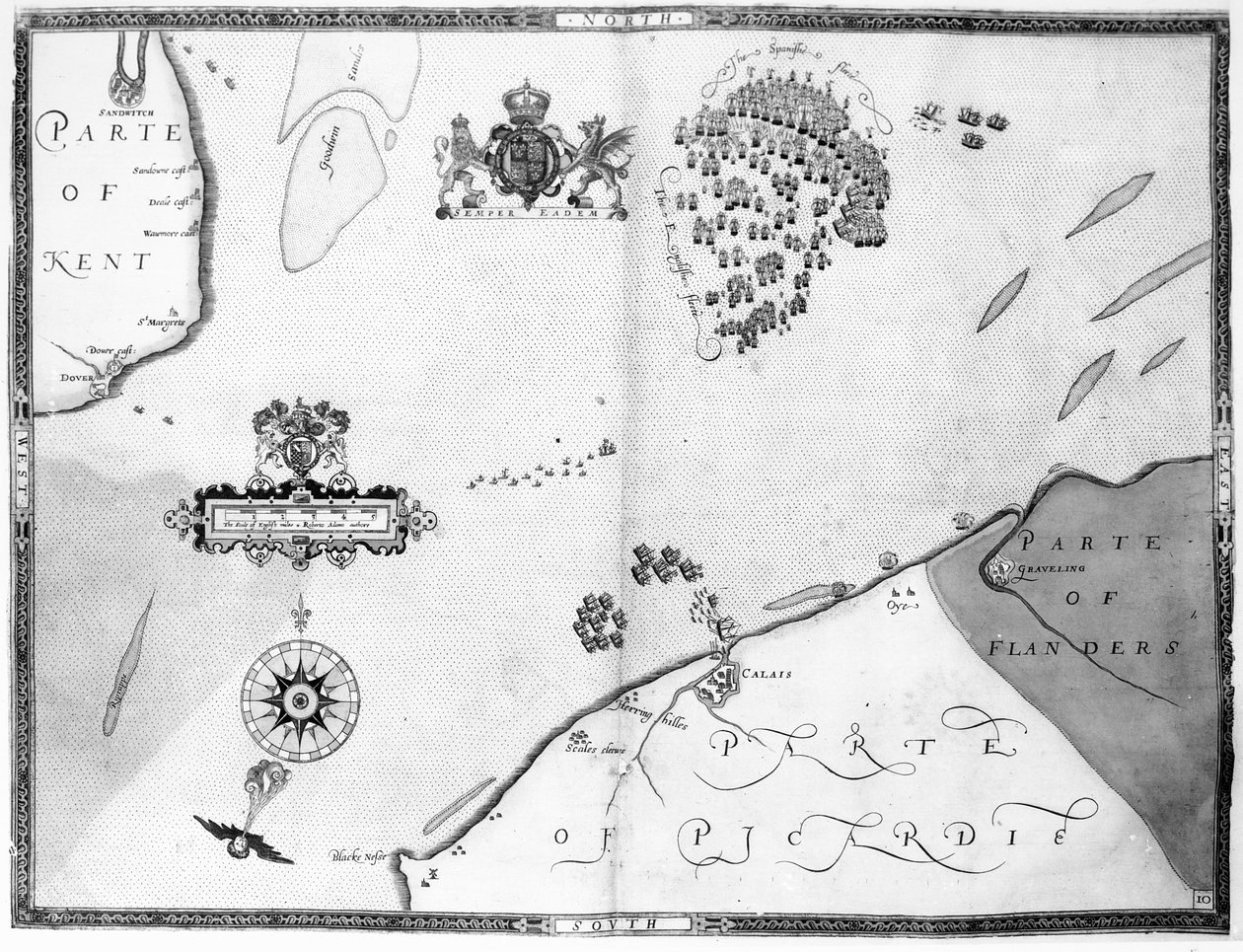 地图No.10显示Armada舰队的路线，由奥古斯丁·莱瑟（Augustine Ryther）雕刻，1588年 作者 罗伯特·亚当斯