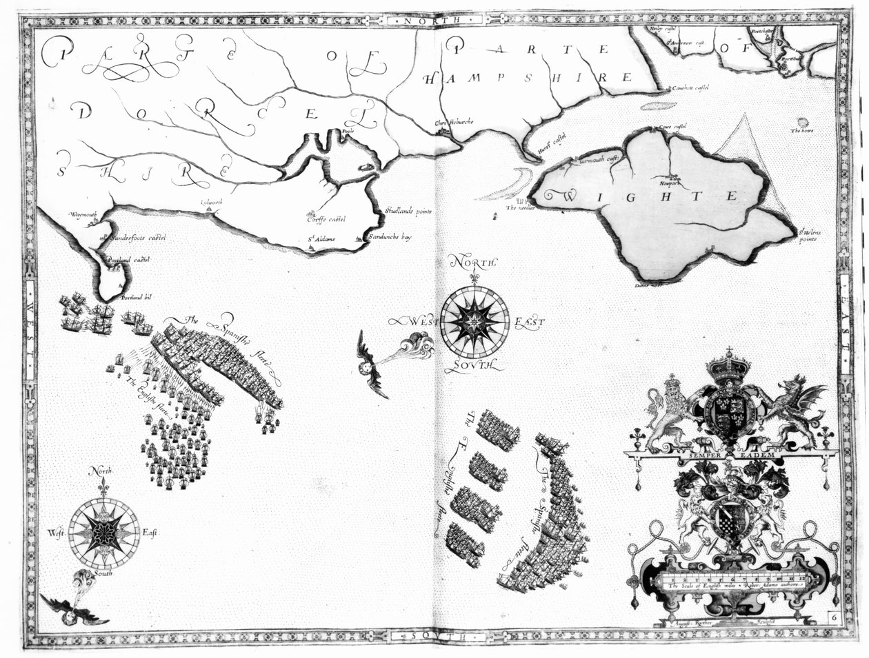 地图No.6显示Armada舰队的路线，由奥古斯丁·莱瑟（Augustine Ryther）雕刻，1588年 作者 罗伯特·亚当斯