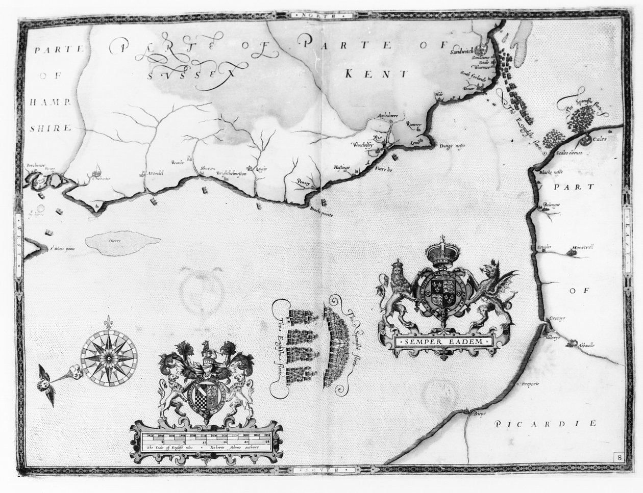 地图号8显示了Armada舰队的路线，由奥古斯丁·莱瑟（Augustine Ryther）雕刻，1588年 作者 罗伯特·亚当斯