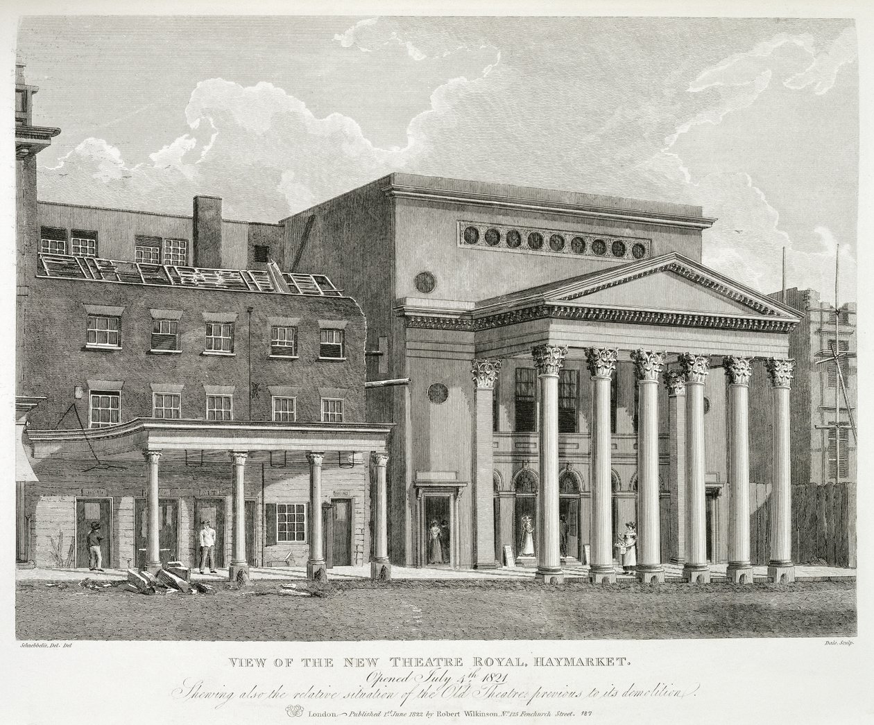1821年7月4日在伦敦开设的Theatre Royal，皇家剧院，1821年开放，展示了拆除之前的旧剧院的相对情况，由Dale刻，1822年 作者 罗伯特·布莱默尔（Schnebbelie）
