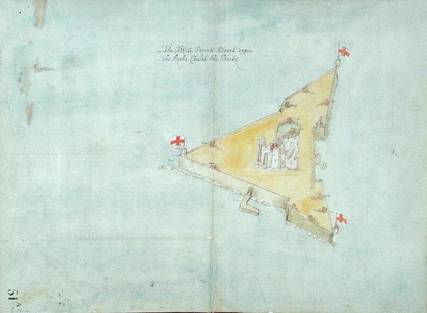 卡斯特尔·佩罗特（Castell Perrott）放置在洛克（Rocke）的地方，向克拉佩（Stacke）发出警告，c.1597-1601（纸板上的铅笔，钢笔和墨水用亚麻布支撑） 作者 罗伯特·德弗勒克斯